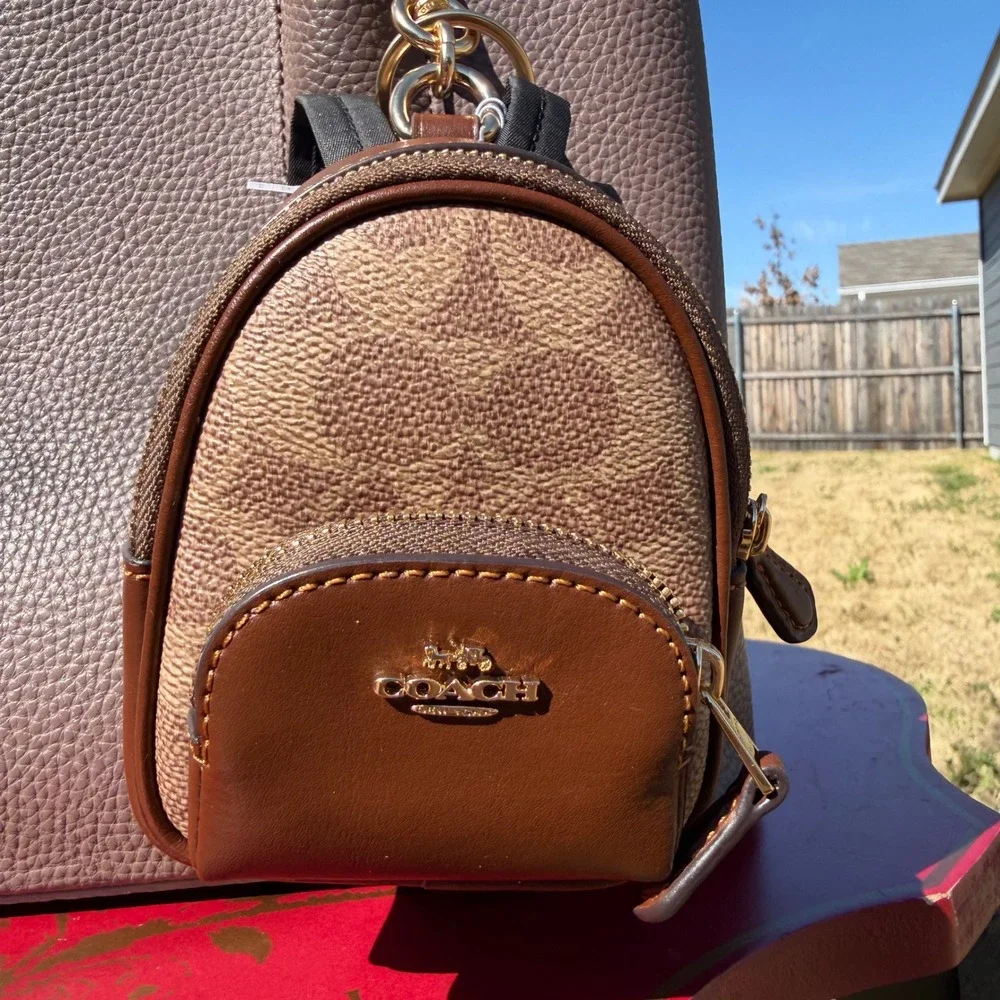 Coach Womens Mini Backpack Bag Charm Signature Canvas Tan Quiet Luxury‎ Coquette
